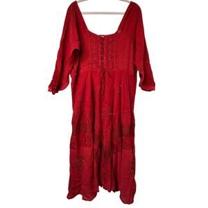 2X Boho Henna Rust Midi Dress Corset Embroidered Beaded Tiered Boho Peasant Ren